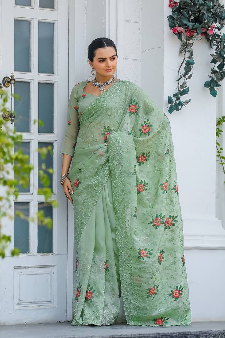 Pista Colour Chiffon Saree With Beautiful Cut Work And Embroidery Flower Work