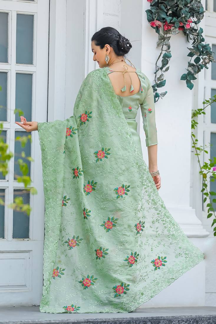 Pista Colour Chiffon Saree With Beautiful Cut Work And Embroidery Flower Work