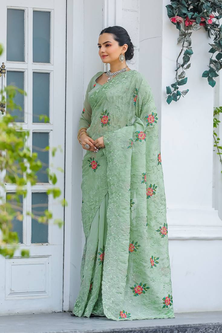 Pista Colour Chiffon Saree With Beautiful Cut Work And Embroidery Flower Work