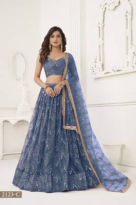 Glamorous Turquoise Net With Sequins And Thread Embroidery Real Mirror Work Lehenga Choli For Wedding 1