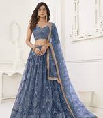 Glamorous Turquoise Net With Sequins And Thread Embroidery Real Mirror Work Lehenga Choli For Wedding