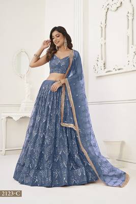 Glamorous Turquoise Net With Sequins And Thread Embroidery Real Mirror Work Lehenga Choli For Wedding 2
