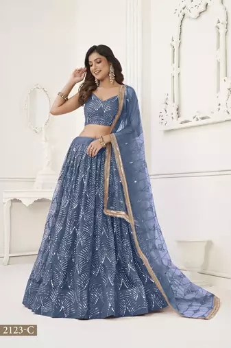 Glamorous Turquoise Net With Sequins And Thread Embroidery Real Mirror Work Lehenga Choli For Wedding