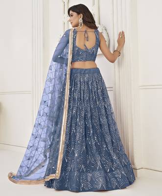 Glamorous Turquoise Net With Sequins And Thread Embroidery Real Mirror Work Lehenga Choli For Wedding 3