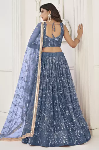 Glamorous Turquoise Net With Sequins And Thread Embroidery Real Mirror Work Lehenga Choli For Wedding