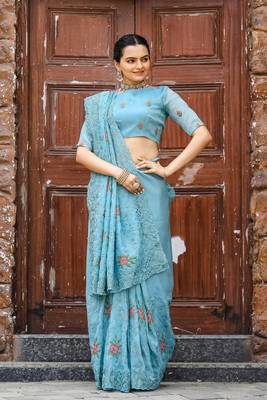 Sky Colour Chiffon Saree With Beautiful Cut Work And Embroidery Flower Work 3