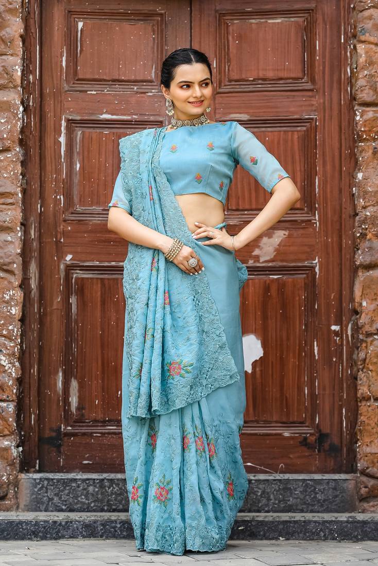Sky Colour Chiffon Saree With Beautiful Cut Work And Embroidery Flower Work