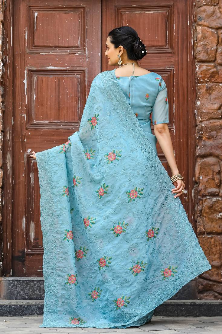Sky Colour Chiffon Saree With Beautiful Cut Work And Embroidery Flower Work