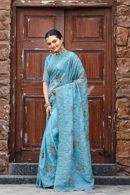 Sky Colour Chiffon Saree With Beautiful Cut Work And Embroidery Flower Work 5