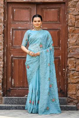 Sky Colour Chiffon Saree With Beautiful Cut Work And Embroidery Flower Work 6