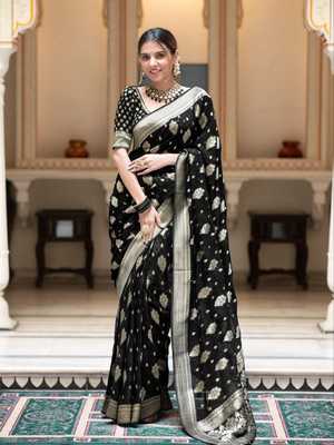 Black Designer Weaving Jacquard Banarasi silk blend Traditional Saree 1
