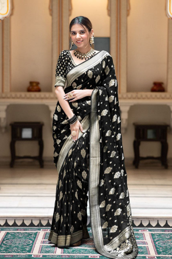 Black Designer Weaving Jacquard Banarasi silk blend Traditional Saree