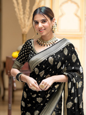 Black Designer Weaving Jacquard Banarasi silk blend Traditional Saree 2