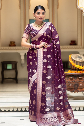 Purple Designer Weaving Jacquard Banarasi silk blend Traditional Saree