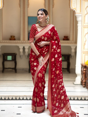 Red Designer Weaving Jacquard Banarasi silk blend Traditional Saree 1