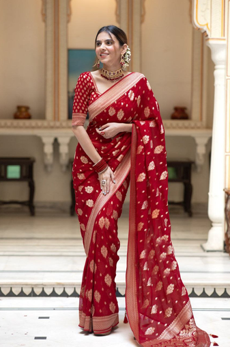 Red Designer Weaving Jacquard Banarasi silk blend Traditional Saree
