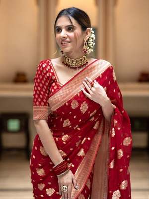 Red Designer Weaving Jacquard Banarasi silk blend Traditional Saree 2