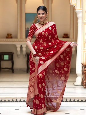 Red Designer Weaving Jacquard Banarasi silk blend Traditional Saree 3