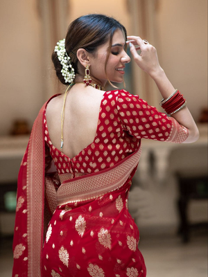Red Designer Weaving Jacquard Banarasi silk blend Traditional Saree 5