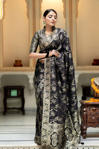 Black Designer Weaving Jacquard Banarasi silk blend Traditional Saree