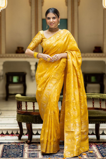 Mustard Designer Weaving Jacquard Banarasi silk blend Traditional Saree