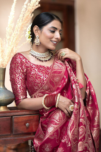 Pink Designer Weaving Jacquard Banarasi silk blend Traditional Saree