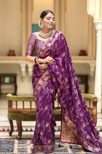 Purple Designer Weaving Jacquard Banarasi silk blend Traditional Saree