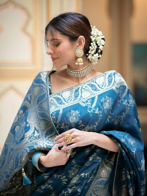 Teal Designer Weaving Jacquard Banarasi silk blend Traditional Saree 1