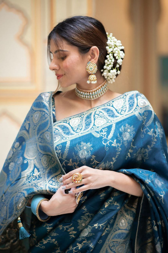 Teal Designer Weaving Jacquard Banarasi silk blend Traditional Saree