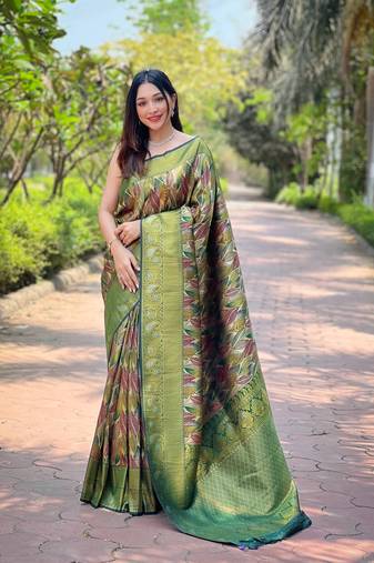 Multi Green Color Kanchipattu silk blend Weaving Saree