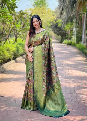 Multi Green Color Kanchipattu silk blend Weaving Saree 1