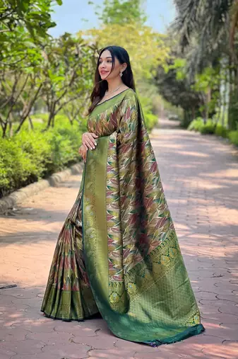 Multi Green Color Kanchipattu silk blend Weaving Saree