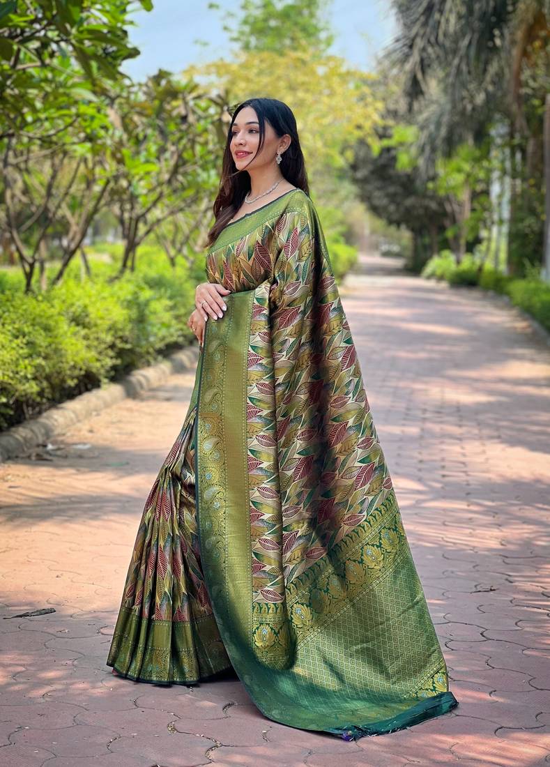 Multi Green Color Kanchipattu silk blend Weaving Saree