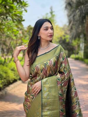 Multi Green Color Kanchipattu silk blend Weaving Saree 4