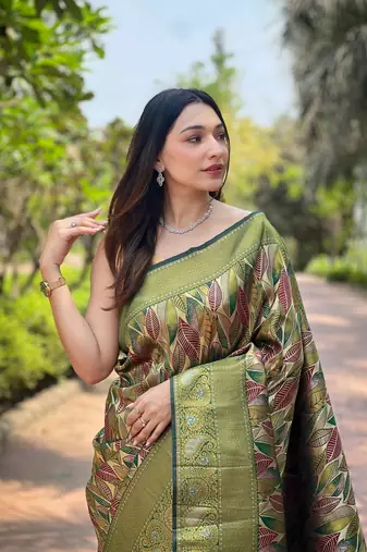 Multi Green Color Kanchipattu silk blend Weaving Saree