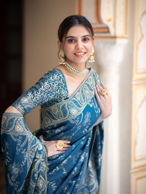 Teal Designer Weaving Jacquard Banarasi silk blend Traditional Saree 3