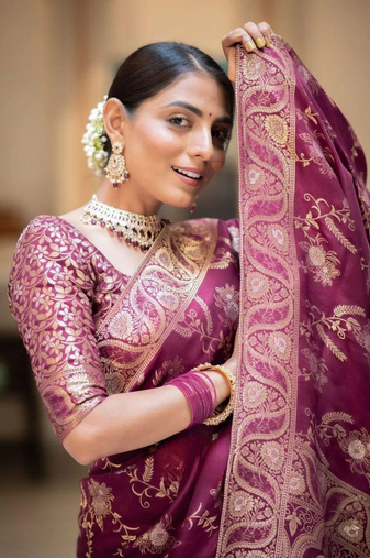 Wine Designer Weaving Jacquard Banarasi silk blend Traditional Saree