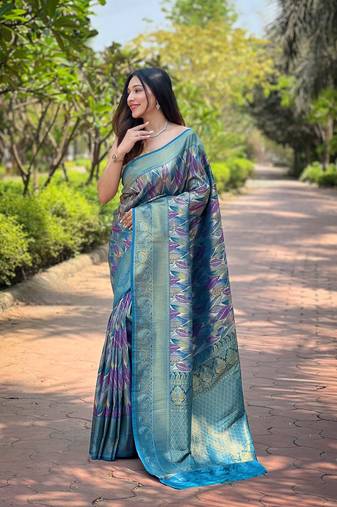 Multi Denim Color Kanchipattu silk blend Weaving Saree