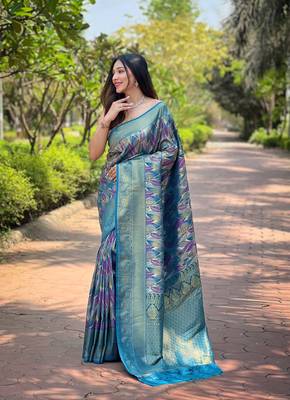 Multi Denim Color Kanchipattu silk blend Weaving Saree 1
