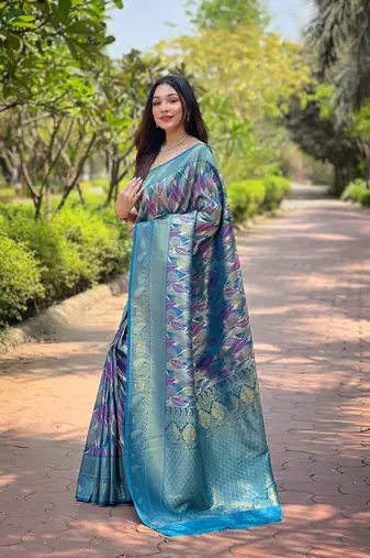 Multi Denim Color Kanchipattu silk blend Weaving Saree