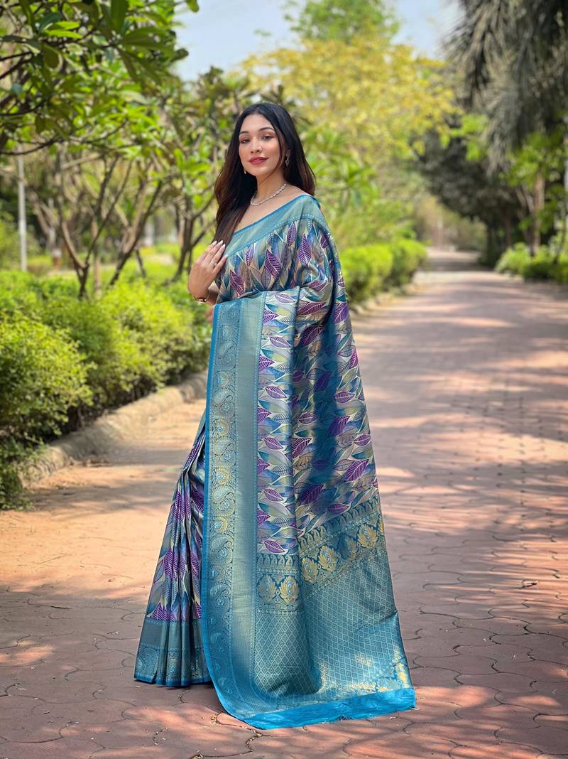 Multi Denim Color Kanchipattu silk blend Weaving Saree