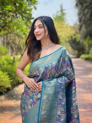 Multi Denim Color Kanchipattu silk blend Weaving Saree 4