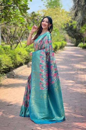 Multi Firozi Color Kanchipattu silk blend Weaving Saree