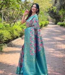 Multi Firozi Color Kanchipattu silk blend Weaving Saree