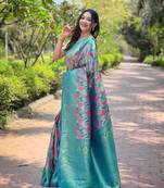 Multi Firozi Color Kanchipattu silk blend Weaving Saree