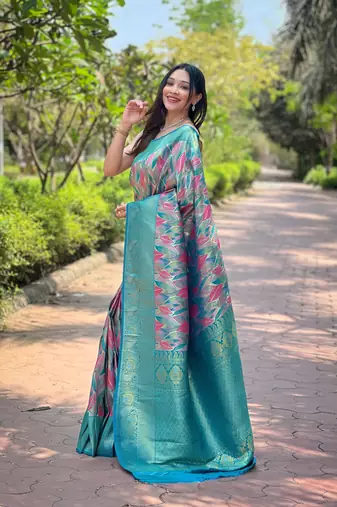 Multi Firozi Color Kanchipattu silk blend Weaving Saree