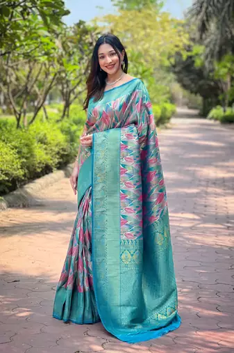 Multi Firozi Color Kanchipattu silk blend Weaving Saree