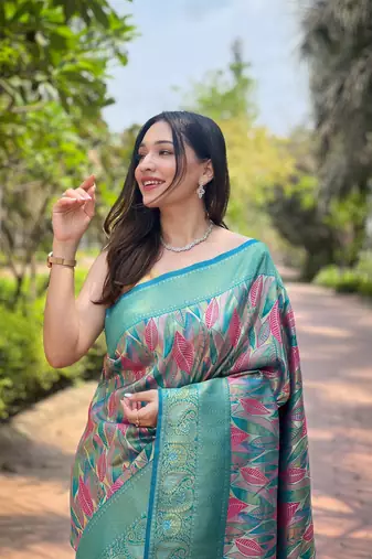 Multi Firozi Color Kanchipattu silk blend Weaving Saree