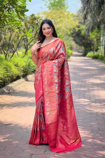 Multi Pink Color Kanchipattu silk blend Weaving Saree