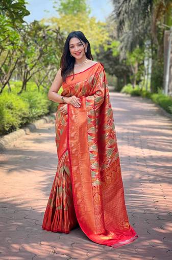 Multi Red Color Kanchipattu silk blend Weaving Saree